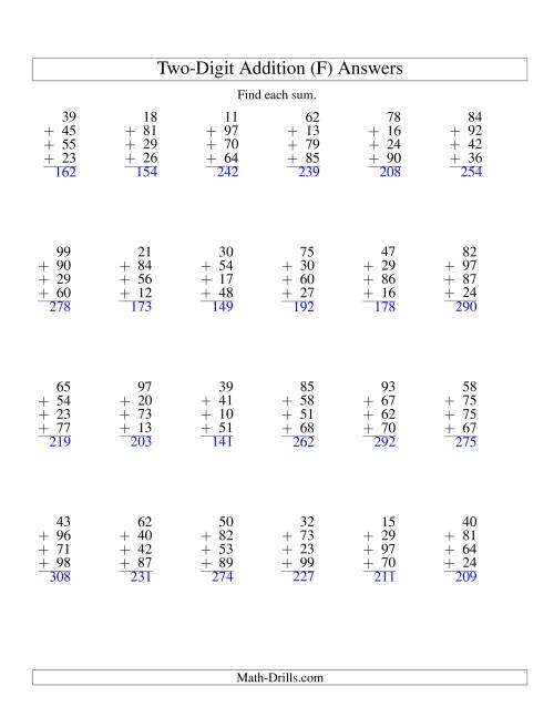 The Column Addition -- Four Two-Digit Numbers (F) Math Worksheet Page 2