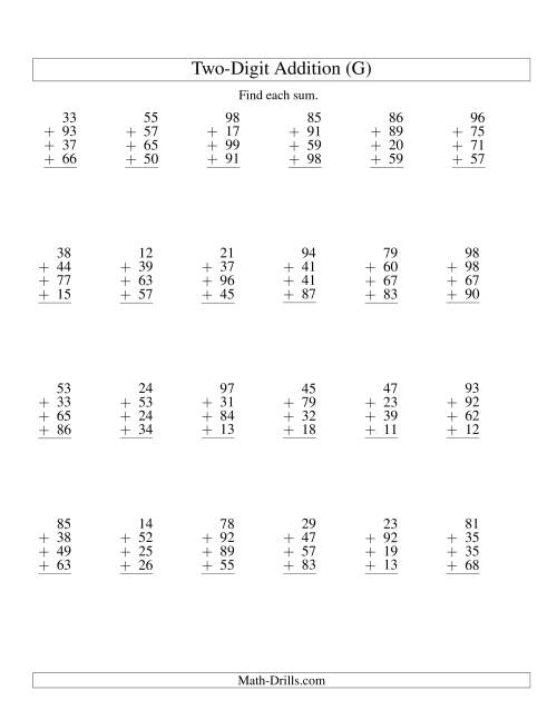 The Column Addition -- Four Two-Digit Numbers (G) Math Worksheet