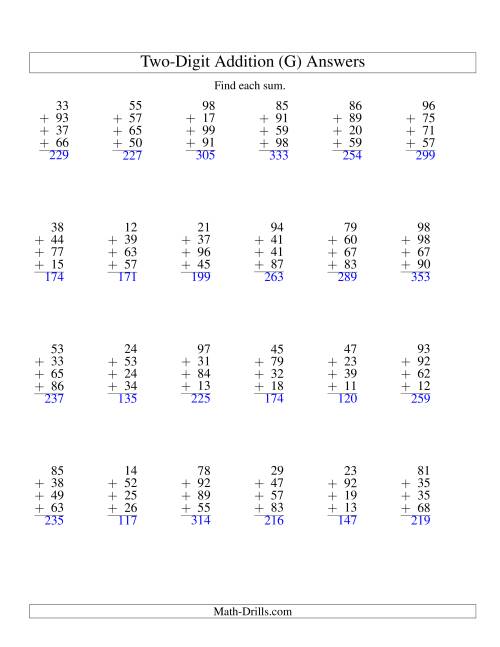 The Column Addition -- Four Two-Digit Numbers (G) Math Worksheet Page 2