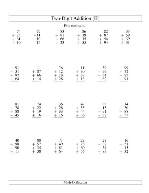 The Column Addition -- Four Two-Digit Numbers (H) Math Worksheet