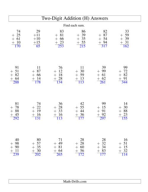 The Column Addition -- Four Two-Digit Numbers (H) Math Worksheet Page 2