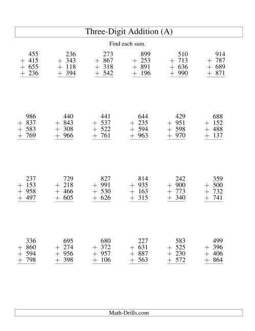 The Column Addition -- Four Three-Digit Numbers (A) Math Worksheet