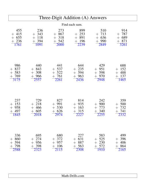 The Column Addition -- Four Three-Digit Numbers (A) Math Worksheet Page 2