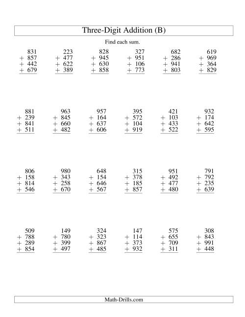 The Column Addition -- Four Three-Digit Numbers (B) Math Worksheet