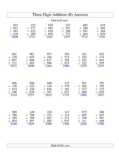 The Column Addition -- Four Three-Digit Numbers (B) Math Worksheet Page 2