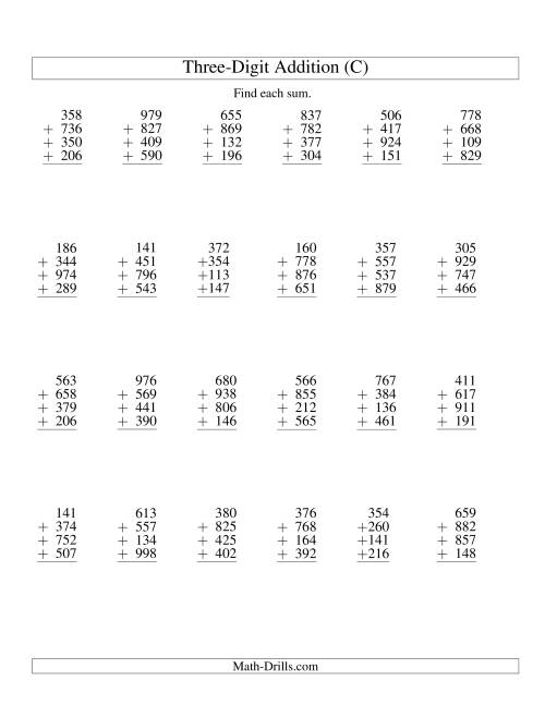 The Column Addition -- Four Three-Digit Numbers (C) Math Worksheet