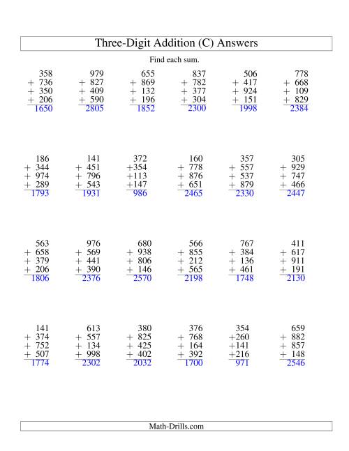 The Column Addition -- Four Three-Digit Numbers (C) Math Worksheet Page 2