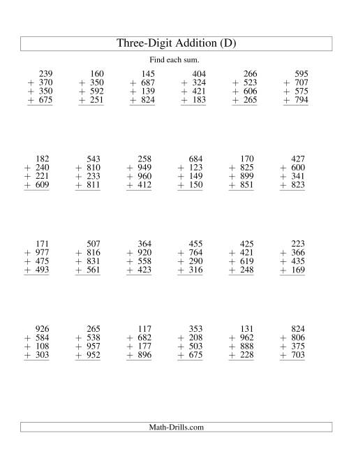 The Column Addition -- Four Three-Digit Numbers (D) Math Worksheet