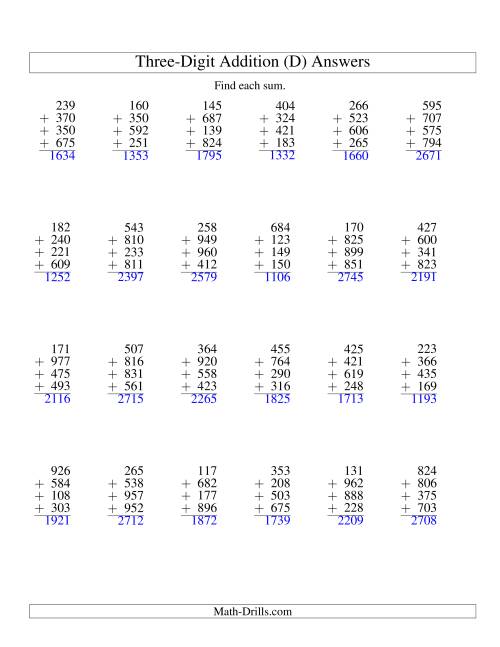 The Column Addition -- Four Three-Digit Numbers (D) Math Worksheet Page 2