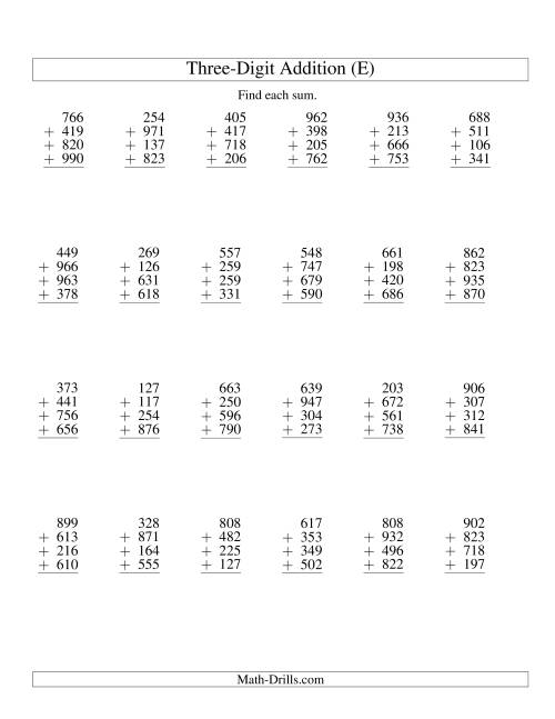 The Column Addition -- Four Three-Digit Numbers (E) Math Worksheet