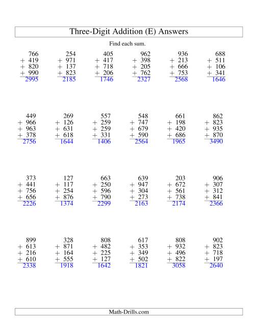 The Column Addition -- Four Three-Digit Numbers (E) Math Worksheet Page 2