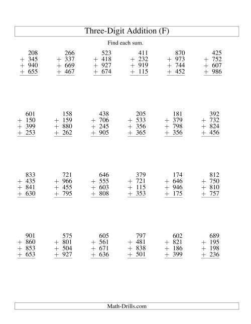 The Column Addition -- Four Three-Digit Numbers (F) Math Worksheet