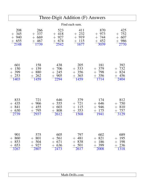 The Column Addition -- Four Three-Digit Numbers (F) Math Worksheet Page 2