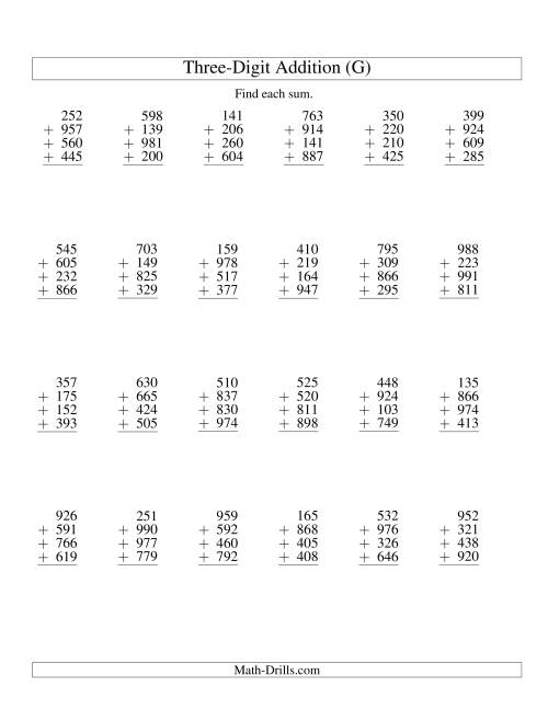 The Column Addition -- Four Three-Digit Numbers (G) Math Worksheet