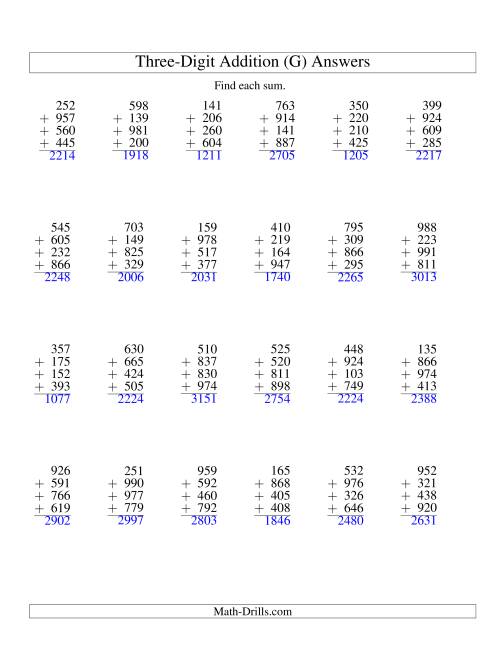 The Column Addition -- Four Three-Digit Numbers (G) Math Worksheet Page 2