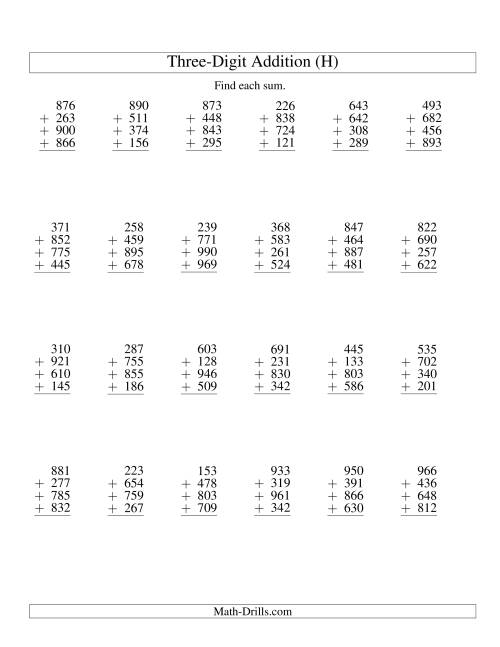 The Column Addition -- Four Three-Digit Numbers (H) Math Worksheet