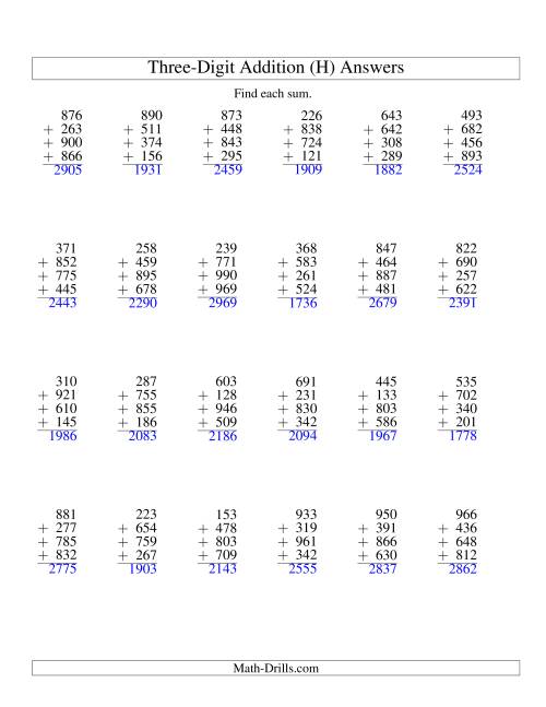 The Column Addition -- Four Three-Digit Numbers (H) Math Worksheet Page 2
