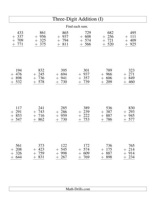 The Column Addition -- Four Three-Digit Numbers (I) Math Worksheet