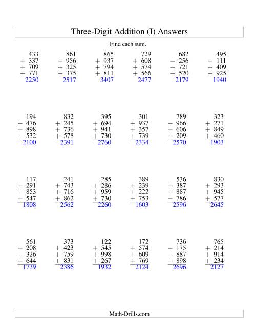 The Column Addition -- Four Three-Digit Numbers (I) Math Worksheet Page 2