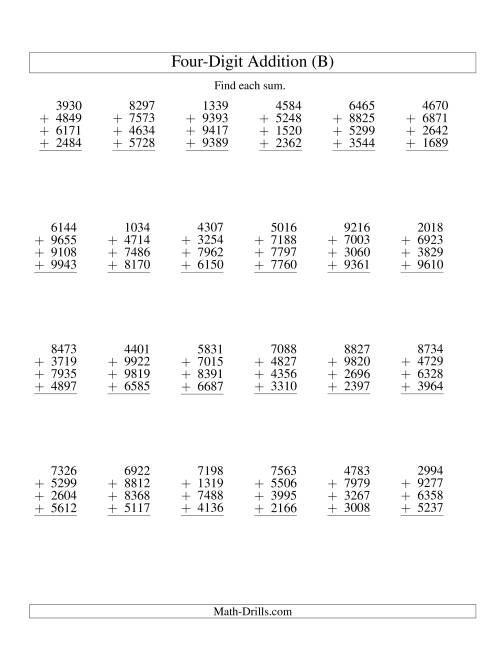 The Column Addition -- Four Four-Digit Numbers (B) Math Worksheet