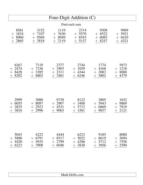 The Column Addition -- Four Four-Digit Numbers (C) Math Worksheet