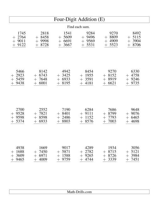 The Column Addition -- Four Four-Digit Numbers (E) Math Worksheet