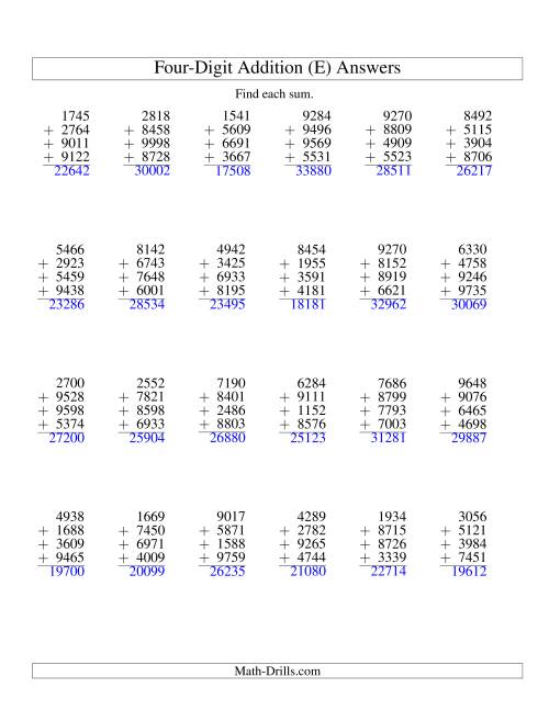 The Column Addition -- Four Four-Digit Numbers (E) Math Worksheet Page 2