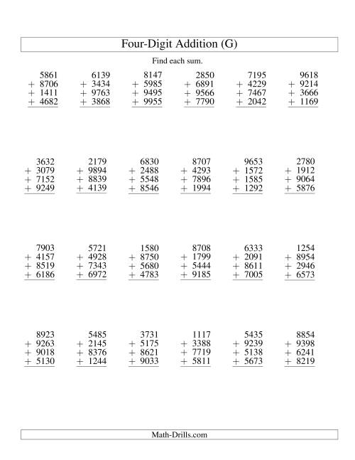 The Column Addition -- Four Four-Digit Numbers (G) Math Worksheet
