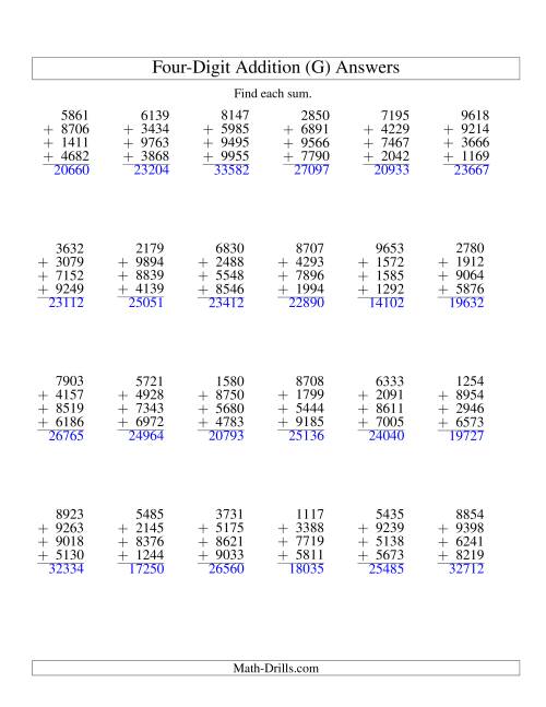 The Column Addition -- Four Four-Digit Numbers (G) Math Worksheet Page 2