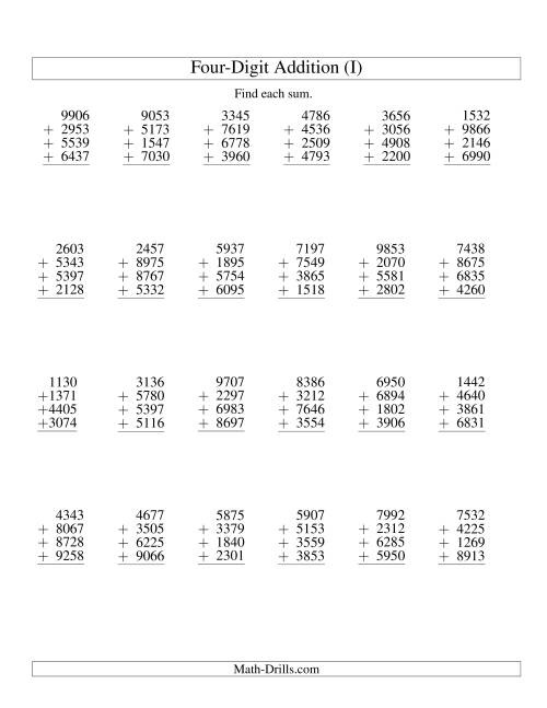 The Column Addition -- Four Four-Digit Numbers (I) Math Worksheet