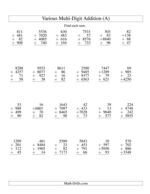 The Column Addition -- Four Various-Digit Numbers (A) Math Worksheet