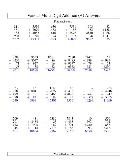 The Column Addition -- Four Various-Digit Numbers (A) Math Worksheet Page 2