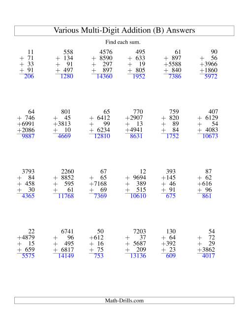 The Column Addition -- Four Various-Digit Numbers (B) Math Worksheet Page 2