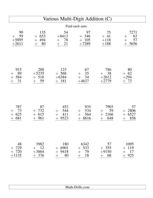 The Column Addition -- Four Various-Digit Numbers (C) Math Worksheet