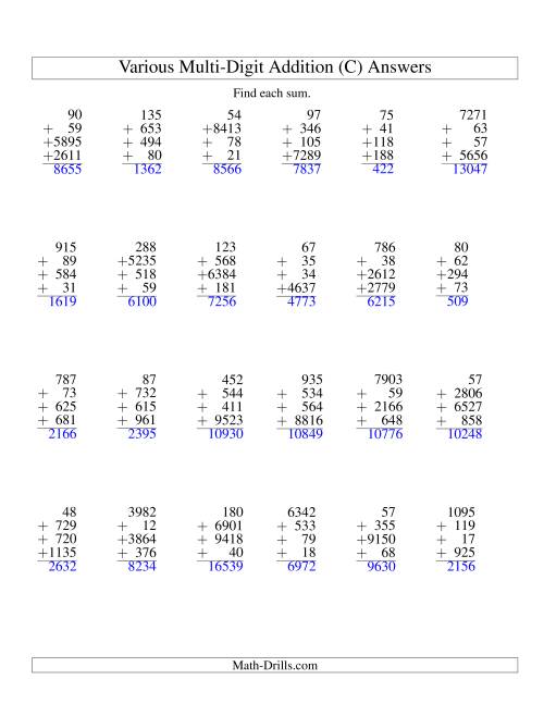 The Column Addition -- Four Various-Digit Numbers (C) Math Worksheet Page 2