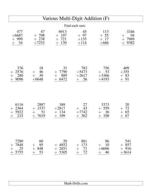 The Column Addition -- Four Various-Digit Numbers (F) Math Worksheet