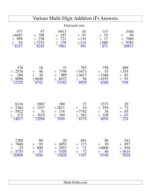 The Column Addition -- Four Various-Digit Numbers (F) Math Worksheet Page 2