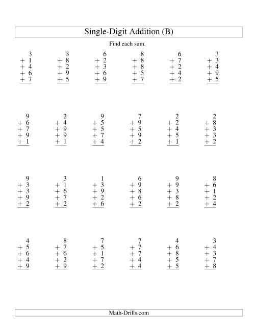 The Column Addition -- Five One-Digit Numbers (B) Math Worksheet