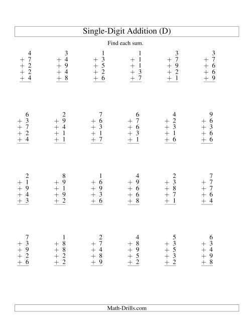 The Column Addition -- Five One-Digit Numbers (D) Math Worksheet