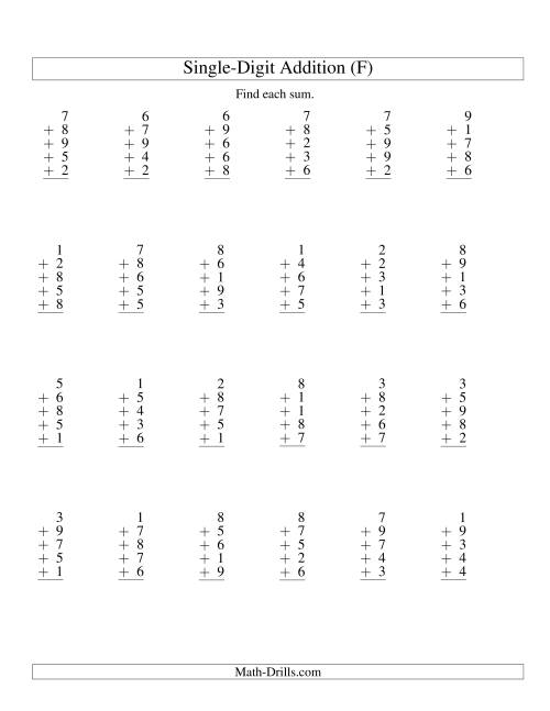 The Column Addition -- Five One-Digit Numbers (F) Math Worksheet