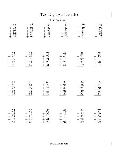 The Column Addition -- Five Two-Digit Numbers (B) Math Worksheet