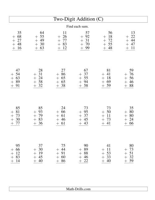 The Column Addition -- Five Two-Digit Numbers (C) Math Worksheet