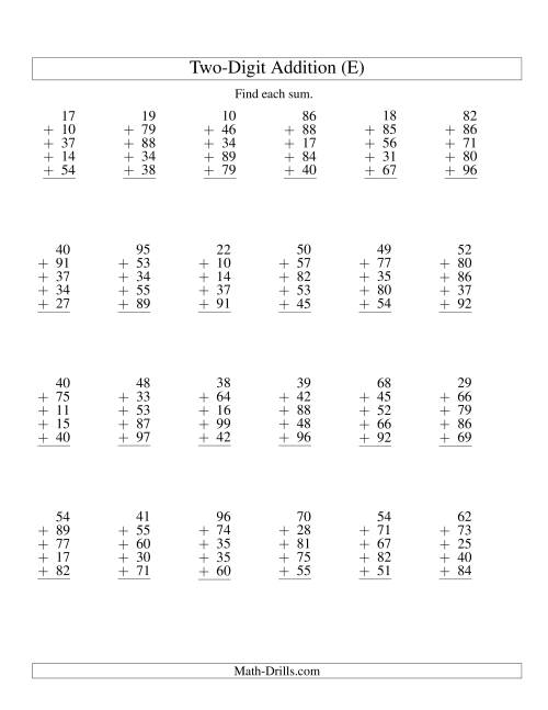 The Column Addition -- Five Two-Digit Numbers (E) Math Worksheet