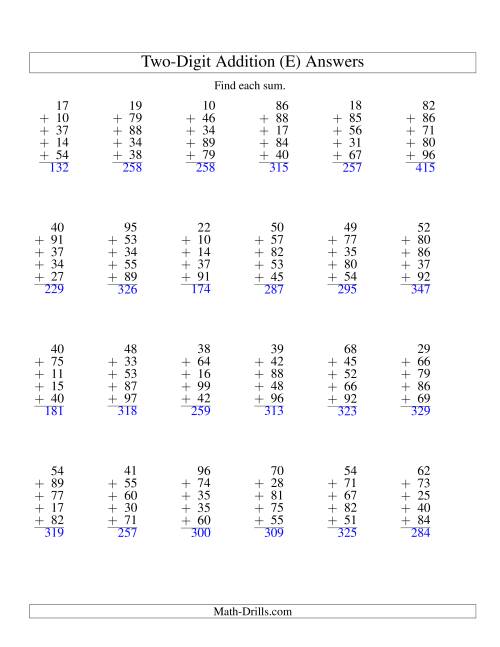 The Column Addition -- Five Two-Digit Numbers (E) Math Worksheet Page 2