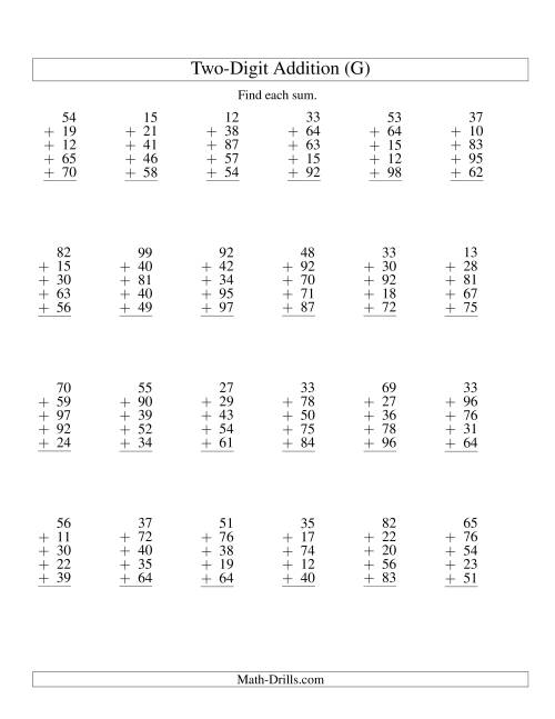 The Column Addition -- Five Two-Digit Numbers (G) Math Worksheet