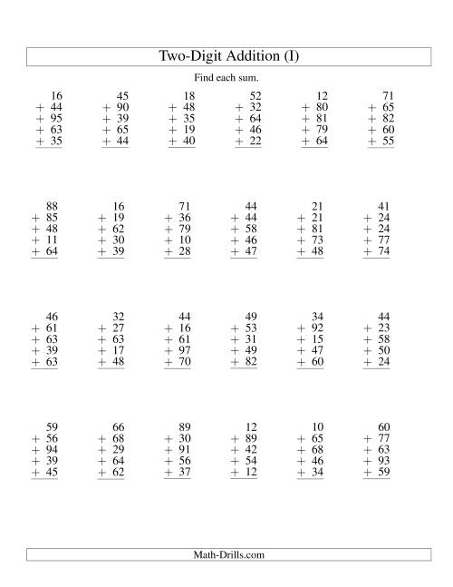 The Column Addition -- Five Two-Digit Numbers (I) Math Worksheet