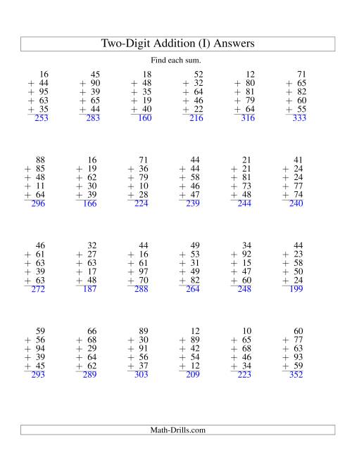 The Column Addition -- Five Two-Digit Numbers (I) Math Worksheet Page 2