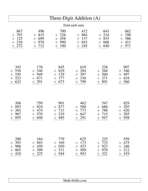 The Column Addition -- Five Three-Digit Numbers (A) Math Worksheet