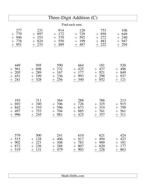 The Column Addition -- Five Three-Digit Numbers (C) Math Worksheet