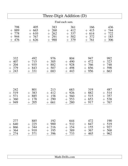 The Column Addition -- Five Three-Digit Numbers (D) Math Worksheet